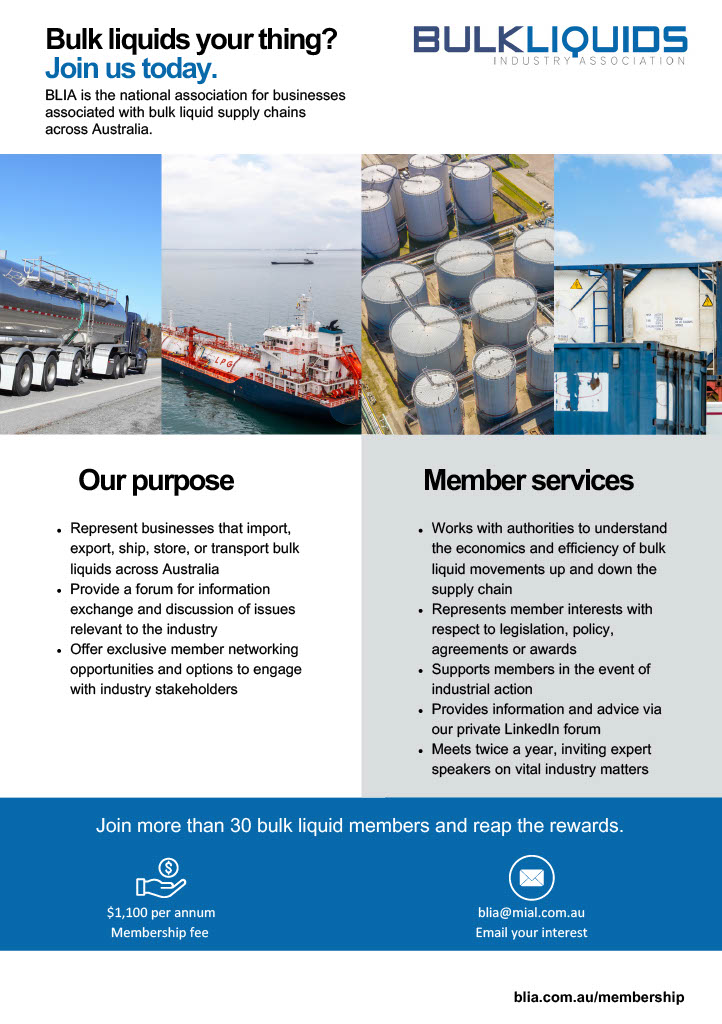 A flyer advertising BLIA membership, which includes images of transport modes to used to transport bulk liquids